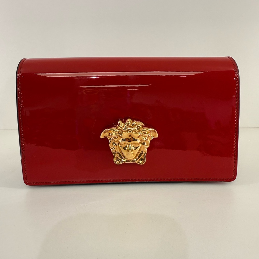 Pre Owned Versace Red Patent Leather Cross Body w/ Gold Medusa Hardware